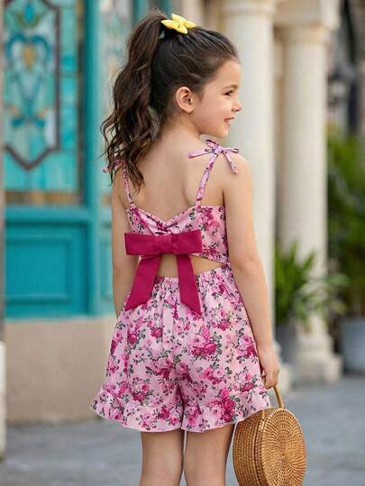 少女暑假碎花蝴蝶装饰连体裤