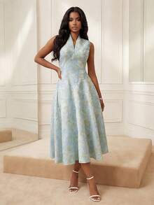 Playroots 女士优雅时尚修身无袖V领提花亮片中长连衣裙，适合情人节穿着 - 藍色 - 查看 5