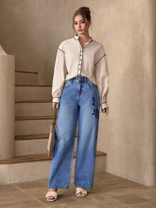 Selenza Women's Floral Embroidered Pocket Wide Leg Loose Casual Jeans - Blue - View 5