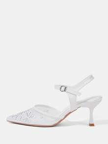 CUCCOO HITCHD Women's Spring/Summer New Pointed Toe White Mesh Rhinestone Ankle Strap Stiletto Heel Fashionable Versatile Sexy High Heel Sandals - White - View 2
