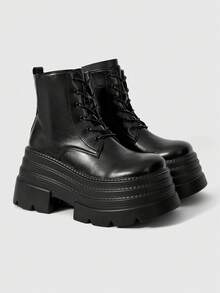 ROMWE Women Heeled Sandals~ 2026 New Autumn And Winter Punk Wind Dark PU Round Head Inner Heightening Boots Thick-Soled Small Riding Boots Versatile Muffin Short Boots Thin Boots - Black - View 1