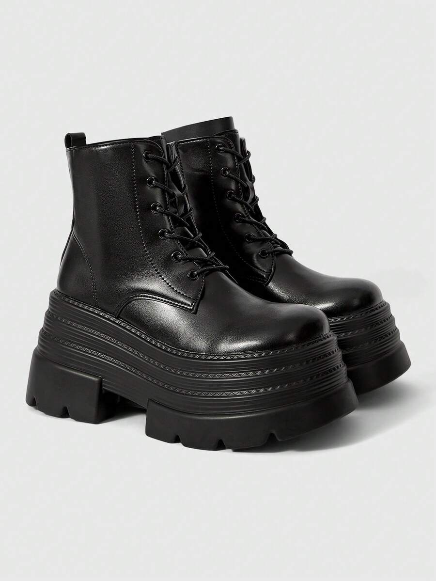 ROMWE Women Heeled Sandals~ 2026 New Autumn And Winter Punk Wind Dark PU Round Head Inner Heightening Boots Thick-Soled Small Riding Boots Versatile Muffin Short Boots Thin Boots - Black - View 1