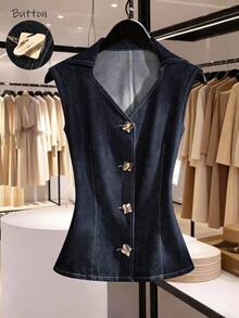 GlowEve 女士翻领单排扣休闲牛仔背心 - 藍色 - 查看 1