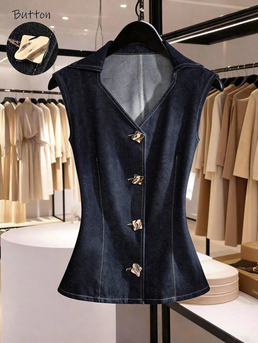 GlowEve 女士翻领单排扣休闲牛仔背心 - 藍色 - 查看 1