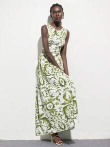 Aveloria Modichic 丝滑弹力面料，象牙白与橄榄绿复古度假撞色印花，现代波西米亚风格，无袖圆领设计，抽象印花元素，腰部褶皱细节，飘逸长裙，柔软轻盈面料，修身修长廓形，舒适透气，度假风，适合春夏户外活动 - 彩色 - 查看 3