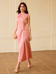 ZEYLAH Đầm xếp ly sang trọng bằng lụa satin mềm mại dành cho nữ, cài khuy kim loại. - màu đen - Xem 6