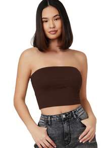 SHEIN BASICS 女士纯色休闲百搭日常穿搭抹胸上衣 - 咖啡棕 - 查看 6