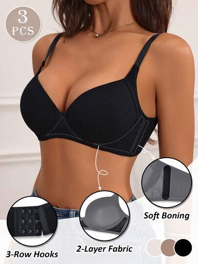 NudeFit 3件装女士纯色休闲舒适罗纹面料钢圈支撑提拉文胸