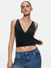 SHAPORA 1件女士修身深V吊带背心 - 黑色 - 查看 1