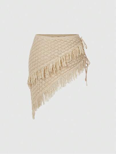 ROMWE Falda de punto de ganchillo falso con borlas y diseño de triángulo vintage para vacaciones