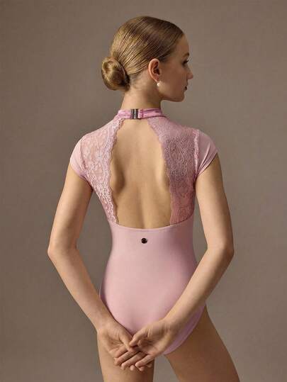 Mono corto de manga corta con espalda descubierta y encaje en contraste para niña preadolescente, ropa deportiva