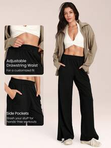 GLOWMODE Modal Terry Everyday Street Soft Smooth Breathable Adjustable Drawstring Waist Side Slip Pockets Wide Leg Pants Daily Casual Street Wear - Black - View 3