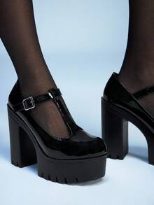 Sugerpunk Giày cao gót đế dày màu đỏ tía quyến rũ dành cho nữ, kiểu dáng thời trang xuân/thu, mũi tròn, quai chữ T khoét rỗng, khóa cài trang trí, thích hợp cho tiệc tùng, hẹn hò, đi chơi. - màu đen - Xem 6