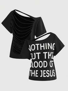 ROMWE Grunge Punk Y2K Punk Slogan Print Hollow Back Loose T-Shirt, Solid Color Versatile Women's T-Shirt - Black - View 1