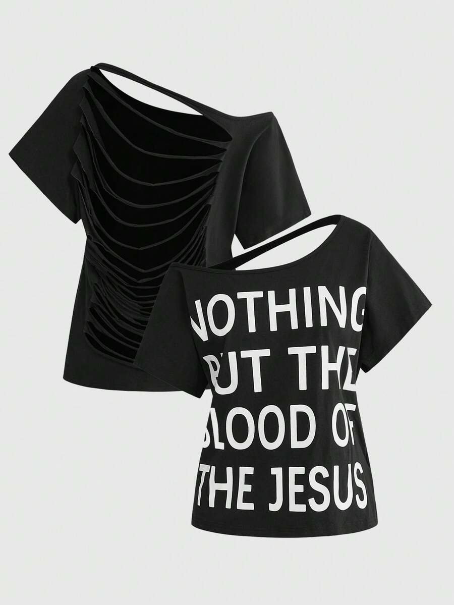 ROMWE Grunge Punk Y2K Punk Slogan Print Hollow Back Loose T-Shirt, Solid Color Versatile Women's T-Shirt - Black - View 1