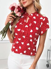 SHEIN Clasi Áo kiểu nữ thanh lịch in họa tiết trái tim và chấm bi, áo đỏ thường ngày cho ngày Valentine, áo tay ngắn màu đỏ. - Đỏ và trắng - Xem 8