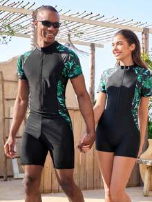 Manfinity VDAYZ Men's Summer Matching Couple Men Vacation Beach Leaf Print Raglan Sleeve One-Piece Swimsuit - Black - View 3