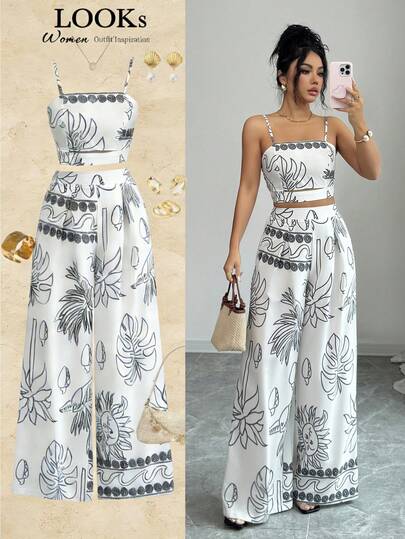 SHEIN Women's Graffiti Plant Leaf Print Camisole & Pants Set, Elegant For Vacation, Daily Wear, Commute, Casual, Retro French Street Style, Business, Holiday, Black & White Camisole & Pants, Early Spring/Spring & Summer 2-Piece Outfit