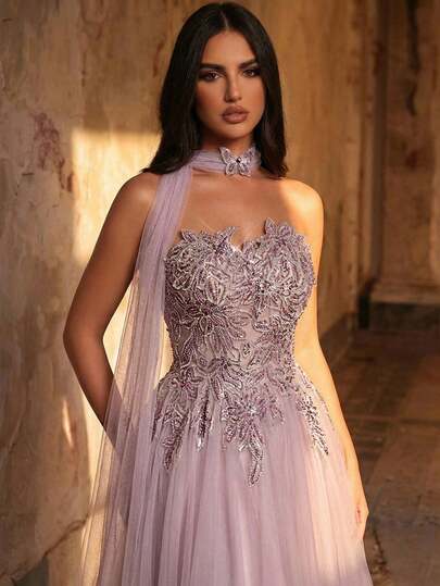 Glamrae 优雅奢华的串珠亮片花卉性感抹胸网纱薄纱长裙，配有可拆卸无肩带，适合婚礼、活动、派对、度假、盛会、正式场合穿着（装饰繁复）