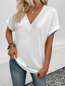 EMERY ROSE Women's Solid Color V-Neck Short Sleeve Casual Versatile T-Shirt - White - View 6