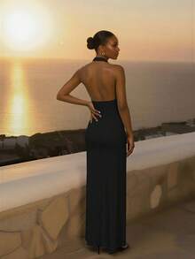 CAJUNI Women's Vacation Solid Color Criss-Cross Hollow Out Sexy Halter Dress,Summer Dresses For Women - Black - View 2