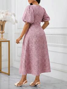SHEIN Lady Women's Jacquard Round Neck Short Petal Sleeve Midi Dress Brocade Jacquard Dress Belle Elegant Dress French Style Dress Elegant Midi Dress Puffy Sleeve Dress - Dusty Pink - View 2