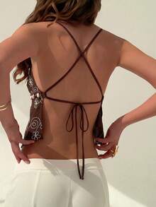 Aloruh 女士夏季度假花卉刺绣荷叶边吊带背心，度假装扮，露背上衣，荷叶边上衣，可爱夏季上衣，外出上衣，波西米亚风女装，欧洲夏季 - 棕色 - 查看 3