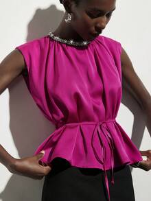 Aveloria Rosie Áo không tay bằng vải satin màu tím hoa cà, cổ tròn, viền ngọc trai, thiết kế thắt eo bằng dây buộc, kiểu dáng hiện đại, thanh lịch, đa năng, phù hợp cho công sở. - Màu tím - Xem 1