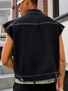 Manfinity EMRG Men's Mature Casual Street Life Line Design Black Washed Jacket - Black - View 2