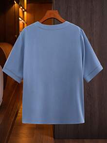 Lacomfia Blus Lengan Pendek Patchwork Renda Modis Longgar Nyaman Serbaguna Melangsingkan Elegan Kasual Ukuran Besar Warna Cokelat untuk Olahraga Musim Panas - Biru - View 2