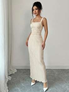 Elenzga Elegant Commuter Pleated Waist Strap Dress, Spring/Summer - Apricot - View 5