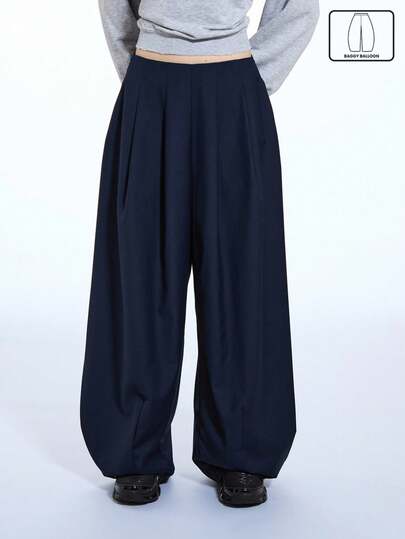 COUREZ Pantalones holgados de globo con detalles de pliegues en la cintura / Ropa de primavera Y2K para mujeres Conjuntos de negocios casuales lindos Pantalones azules Atuendos de oficina para mujeres Atuendos para salir Pantalones de verano Atuendos de verano azules