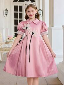 SHEIN Tween Girl Elegant Short Sleeve A-Line Dress Girl Pink Dress Elegant Pink Dress Pink 3D Flower Deco Dress Modest Girl Dress Girl Puff Sleeve Dress - Mauve Purple - View 11