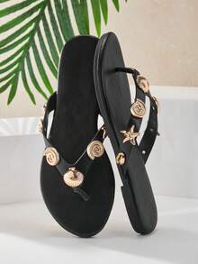 SHUZIA 魅力女士黑色多贝壳装饰人字拖凉鞋，舒适休闲，适合假日漫步，时尚春夏海滩玩乐 - 黑色 - 查看 1