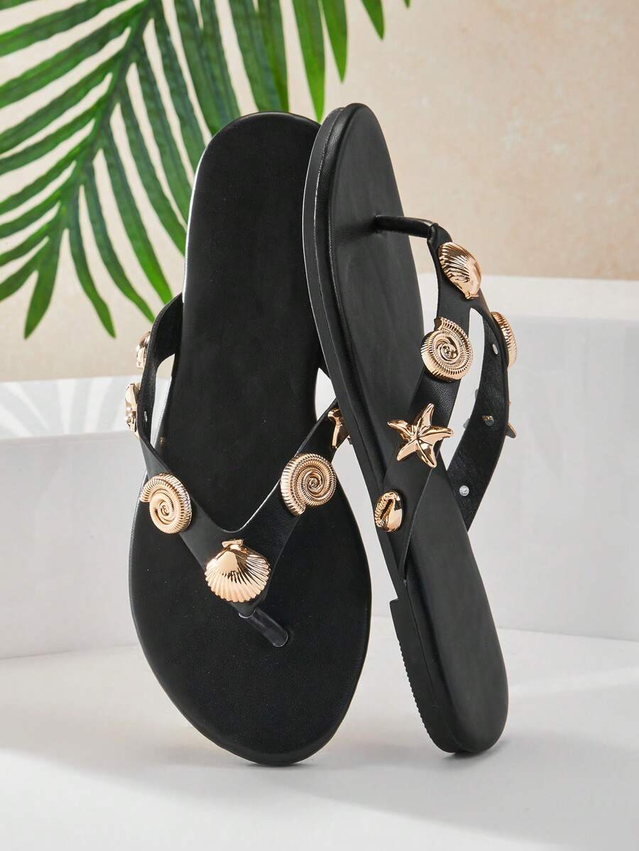 SHUZIA 魅力女士黑色多贝壳装饰人字拖凉鞋，舒适休闲，适合假日漫步，时尚春夏海滩玩乐 - 黑色 - 查看 1