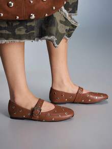 CUCCOO GRLICON 2000's Style Y2K Beaded Decor Buckle Flats, Fashionable Commuter Shoes Suitable For Spring, Summer, Vacation - Burnt Orange - View 4