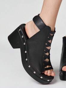 ROMWE Grunge Punk Women's Retro Buckle Strap High Heel Sandals, Fashionable Casual Chunky Heel Mules - Black - View 3