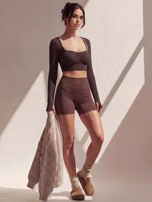 Anewsta Women's Elegant Ribbed Knit Cropped Top With Rhinestone And Bubble Decor, Deep Brown Long Sleeve Fitted Sports T-Shirt, Suitable For Commuting, Sports, Daily Wear And Outings - Brown - View 3