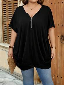 SHEIN CURVE+ Áo thun nữ tay ngắn màu trơn, có khóa kéo nửa thân, cỡ US22, phong cách lễ hội âm nhạc, kỳ nghỉ bên bờ biển, phong cách bohemian, kiểu dáng rộng rãi, màu đen, áo thun thường ngày. - màu đen - Xem 5
