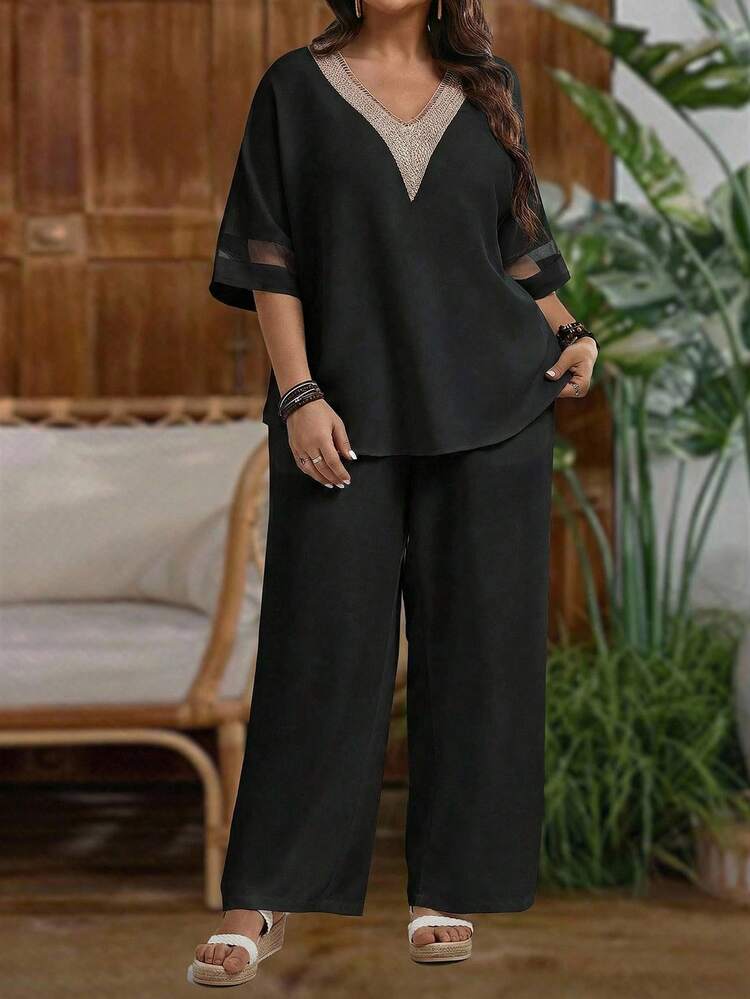 EMERY ROSE Plus Size Vacation Casual Mesh Patchwork Shirt And Pants 2 Pieces Set - Black - View 5
