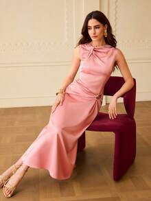 ZEYLAH Đầm xếp ly sang trọng bằng lụa satin mềm mại dành cho nữ, cài khuy kim loại. - màu đen - Xem 8