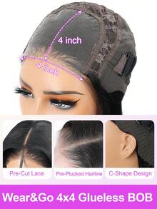 Yaki直发波波头假发，真人发，无胶预剪，4x4蕾丝前假发，真人发，预先拔毛，隐形结，即戴即用，短款Yaki波波头假发，180%密度 - Natural Black - 查看 8