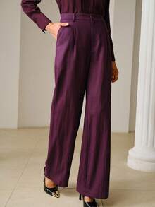 ZEYLAH Women's 100% Ramie Solid Color Pleated Button Casual Versatile Wide Leg Pants For Daily Wear, Spring Summer, Linen - Purple - View 4