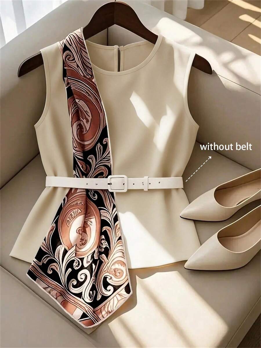 GlowEve Women's Spring/Summer Printed Patchwork Sleeveless Top With Waist Belt Loop - Apricot - View 1