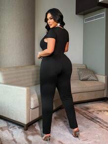 NU&NOW Sexy Hollow Out Design Peep Toe Splice Black Plus Size Jumpsuit - Black - View 7