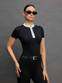 Activina Women's Contrast Collar Short Sleeve Fitted Equestrian Top - Black - View 6