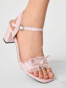 ROMWE Kawaii Sandalias de verano para mujer, estilo hada con tacón medio grueso y tacón alto - Rosa - Ver 3