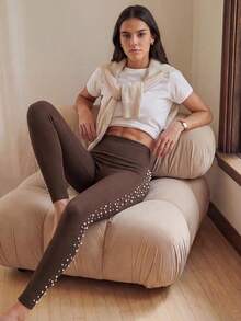 Anewsta Women's Fashionable Fitted Sports Pants With Beads And Rhinestones, Spring/Summer - Brown - View 3