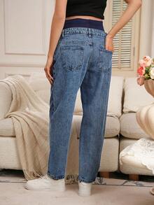 SHEIN Casual Heart Embroidery Maternity Straight Leg Jeans, Spring/Summer - Blue - View 2