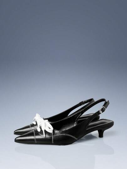 CUCCOO GRLICON Black Pointed Toe Lace-Up Decor Backless Kitten Heel Pumps For Women